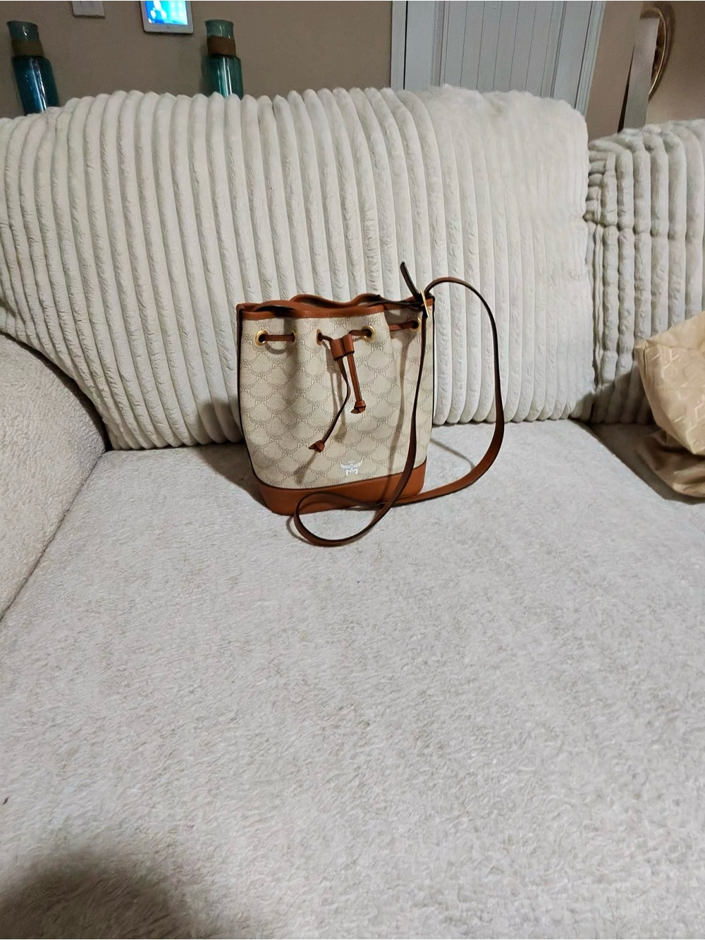 MCM Cream and Brown Monogram Bucket Crossbody